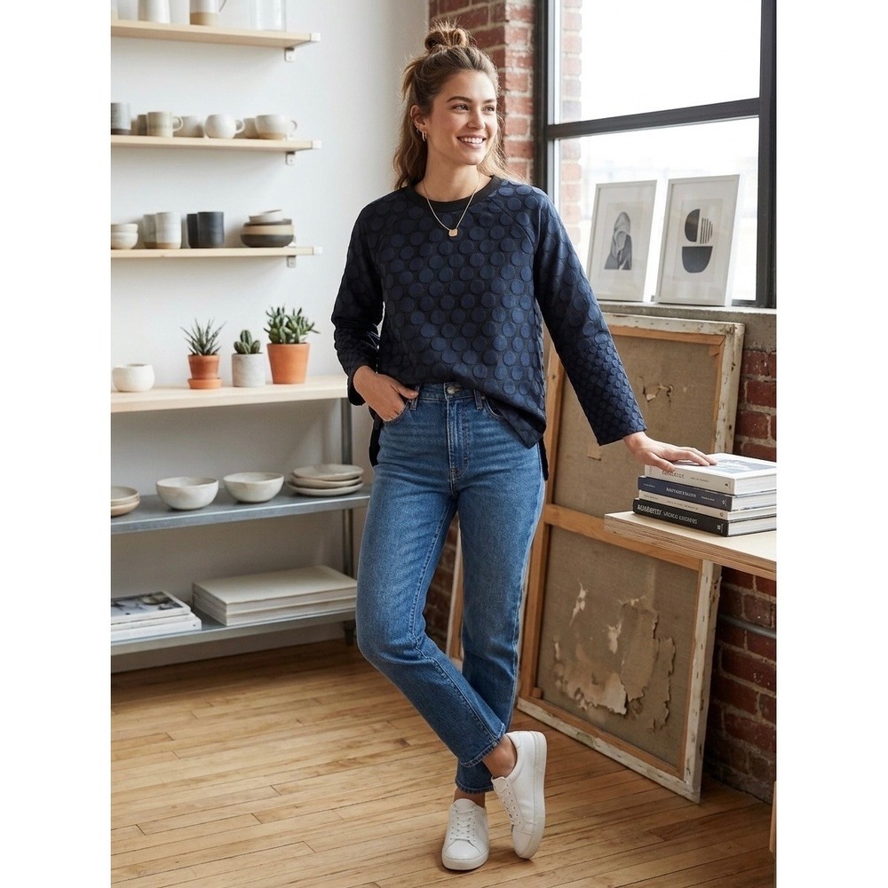 Madewell Navy Blue Textured Dot Long Sleeve Blouse Back Zip Top B5462 Womens M